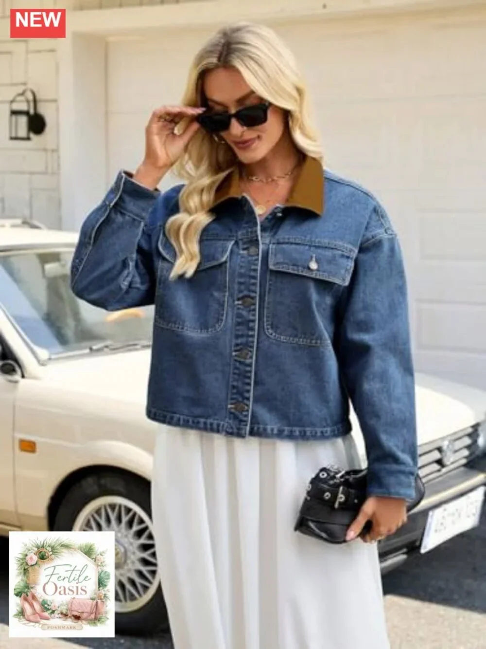 Cropped Oversized Denim Jacket Women Corduroy Contrast Collar